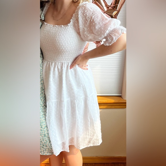 White Mini Dress Puff Sleeves Square Neckline Smocked Bodice - Picture 5 of 5